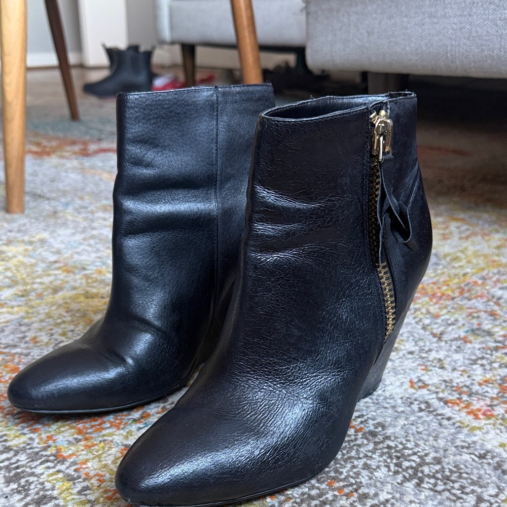 Steve Madden Black Wedge Ankle Boots with Gold Zipper